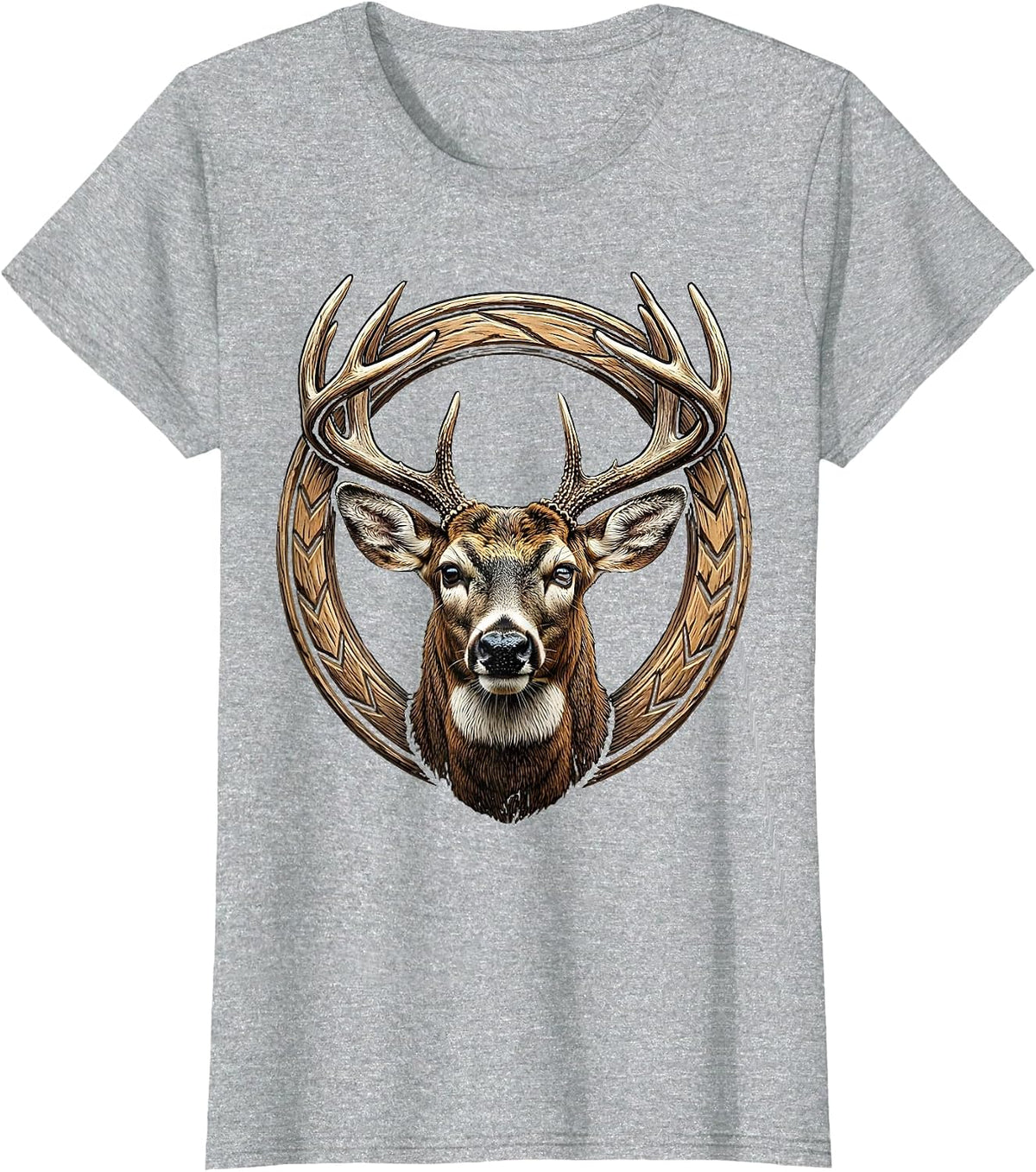 Whitetail Buck Head Straight-On Portrait Graphic T-Shirt - Heather Grey