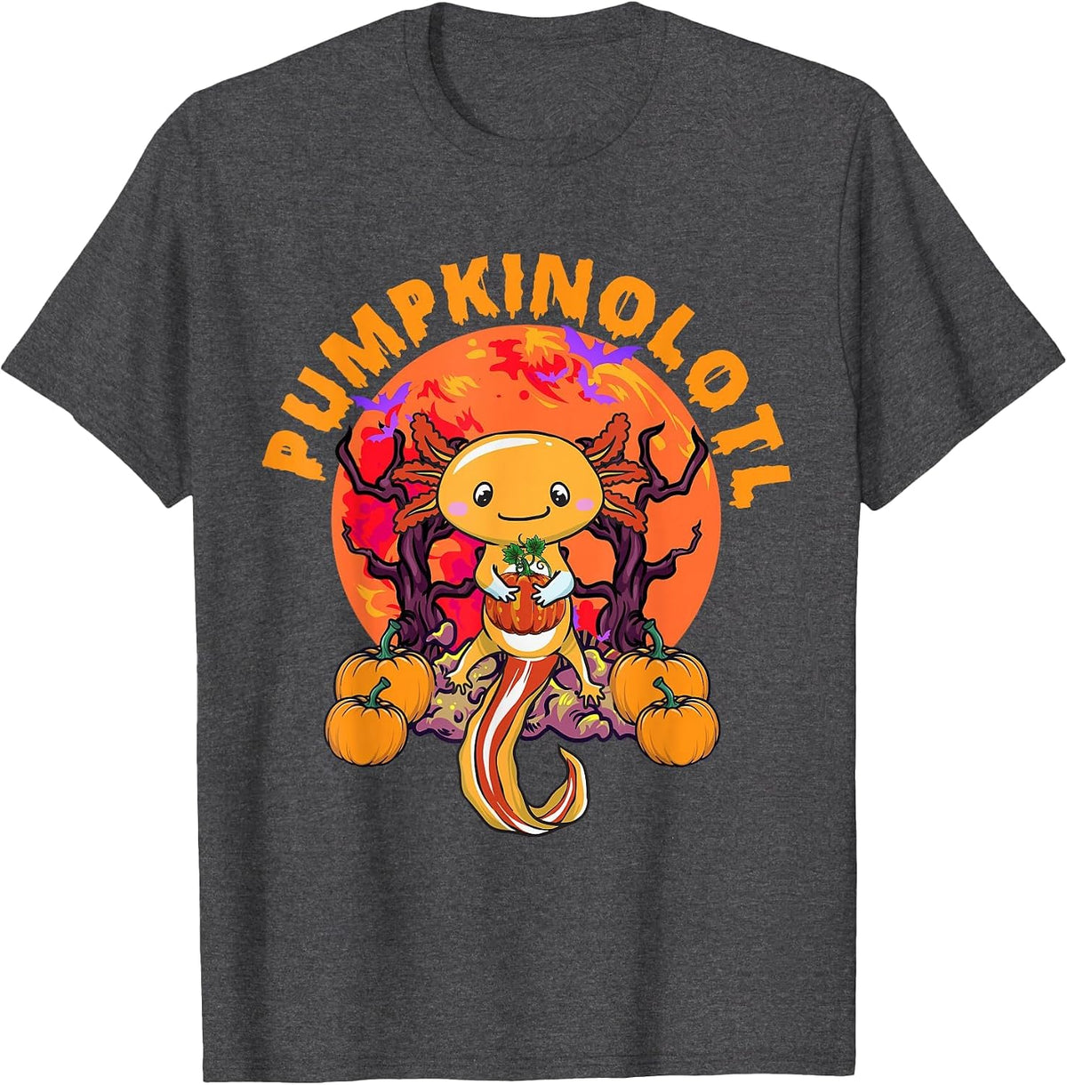 Halloween Axolotl Salamander Pumpkin Orange Pumpkinolotl T-Shirt - Dark Heather Grey