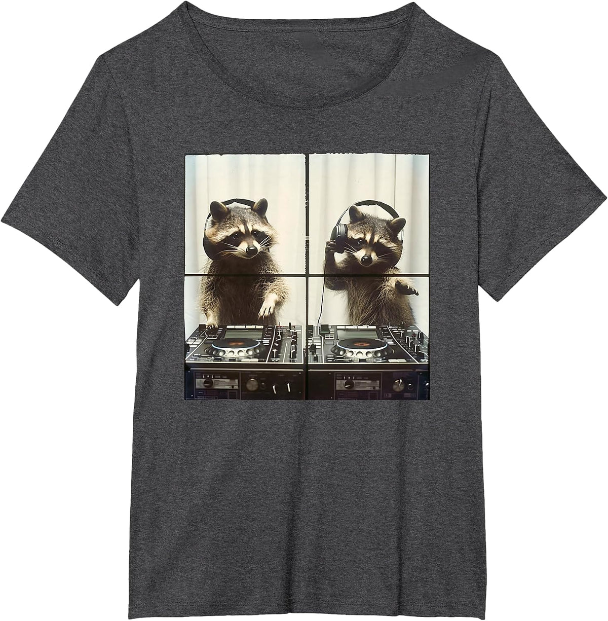 Hip Hop Raccoon Scratching Vinyl Raccoon DJ T-Shirt - Dark Heather Grey