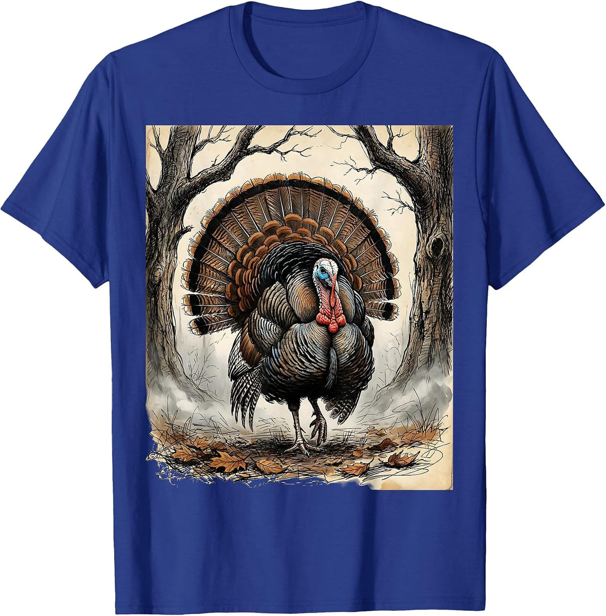 Wild Turkey Misty Morning Forest Thanksgiving T-Shirt - Royal Blue