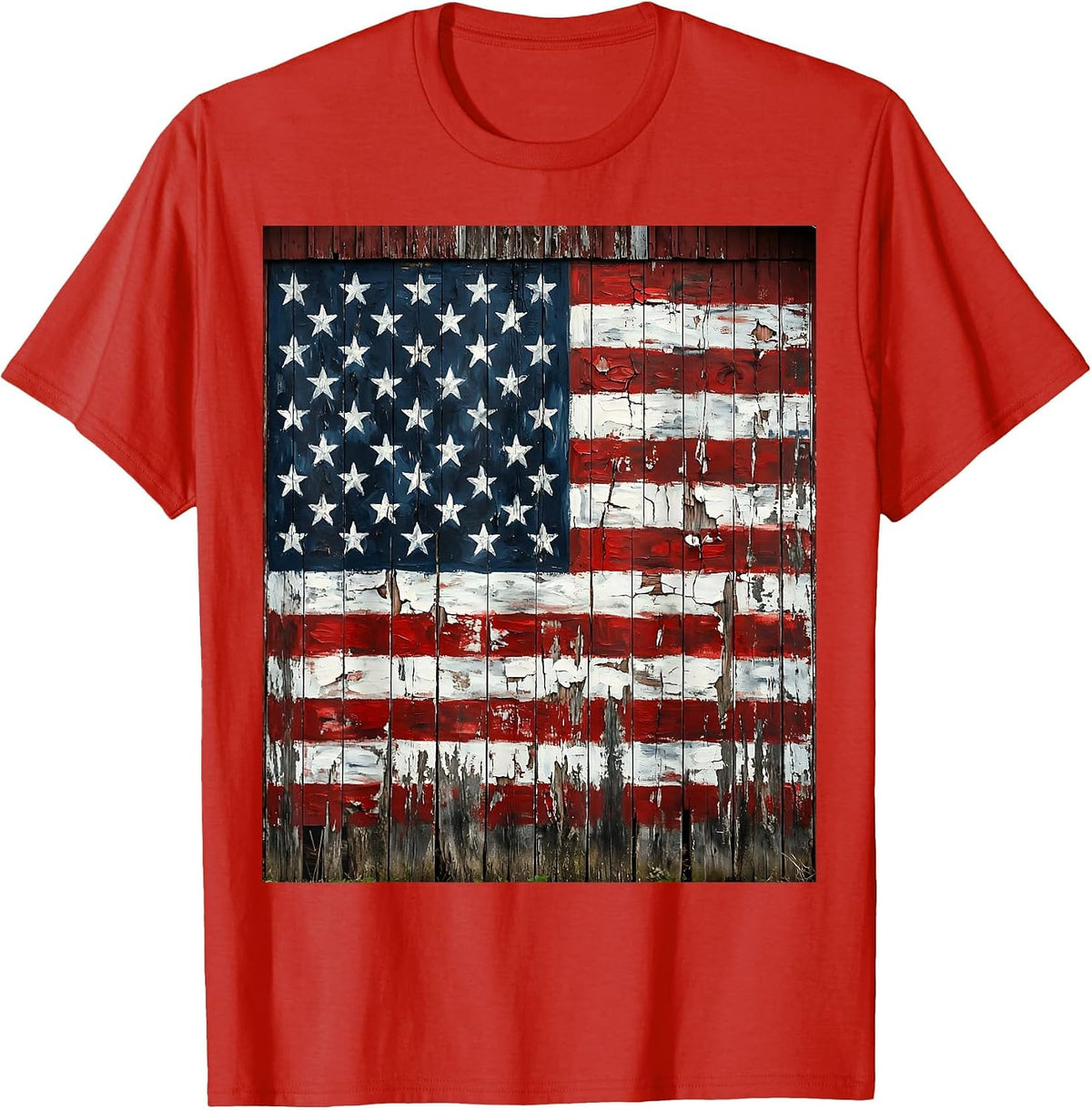 Men's USA Flag Weathered Barn Rustic Patriotic Design T-Shirt - Red