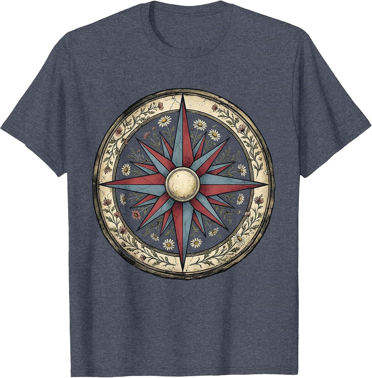 Red White Blue Floral Compass Rose Design T-Shirt - Heather Blue