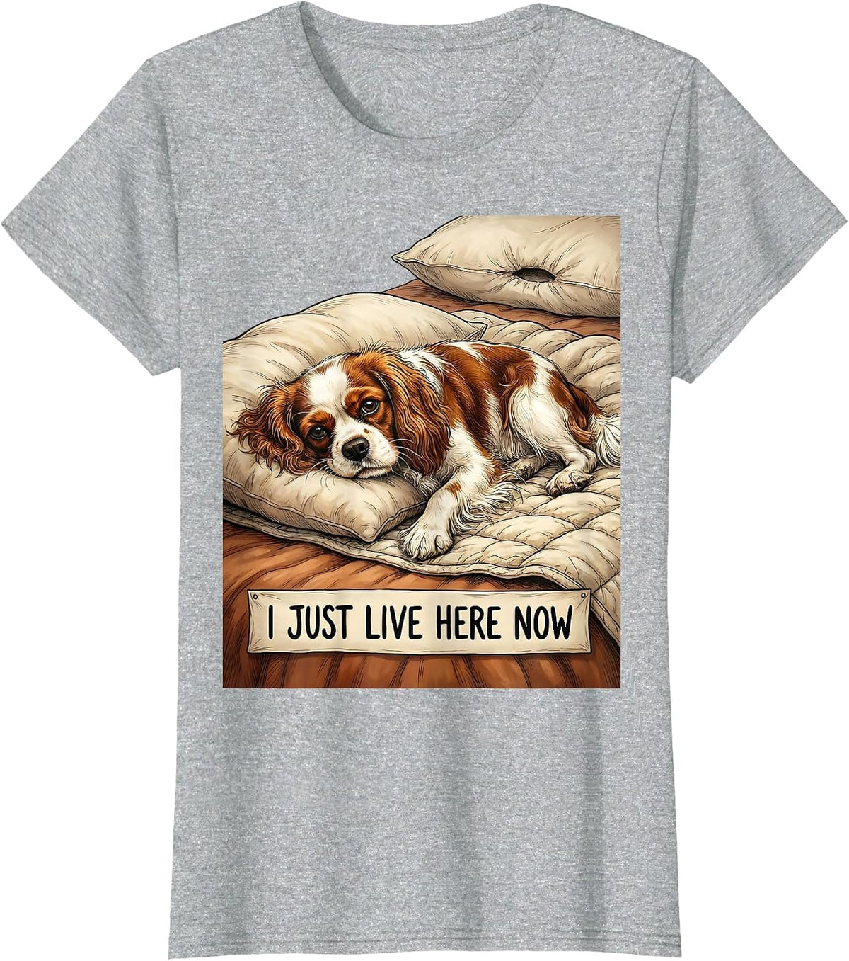 Women's I Just Live Here Now Cozy Cavalier King Charles Spaniel Dog T-Shirt - Heather Grey