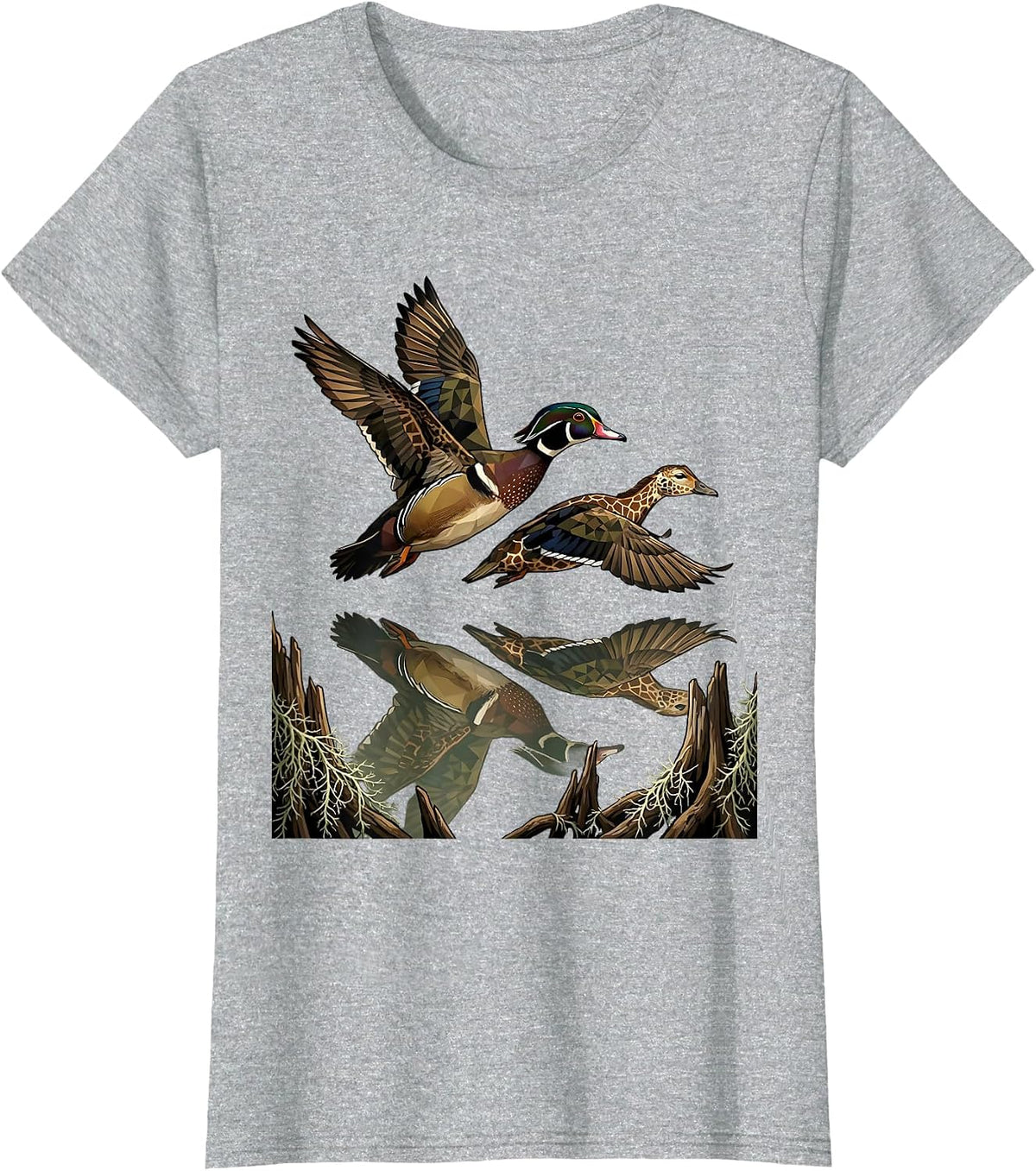 Women's Wood Duck Pair Bottomland Camo Waterfowl Design T-Shirt - Heather Grey