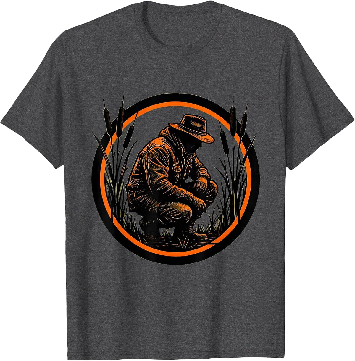 Men's Camo Duck Hunter in Marsh Reeds Illustration T-Shirt - Dark Heather Grey