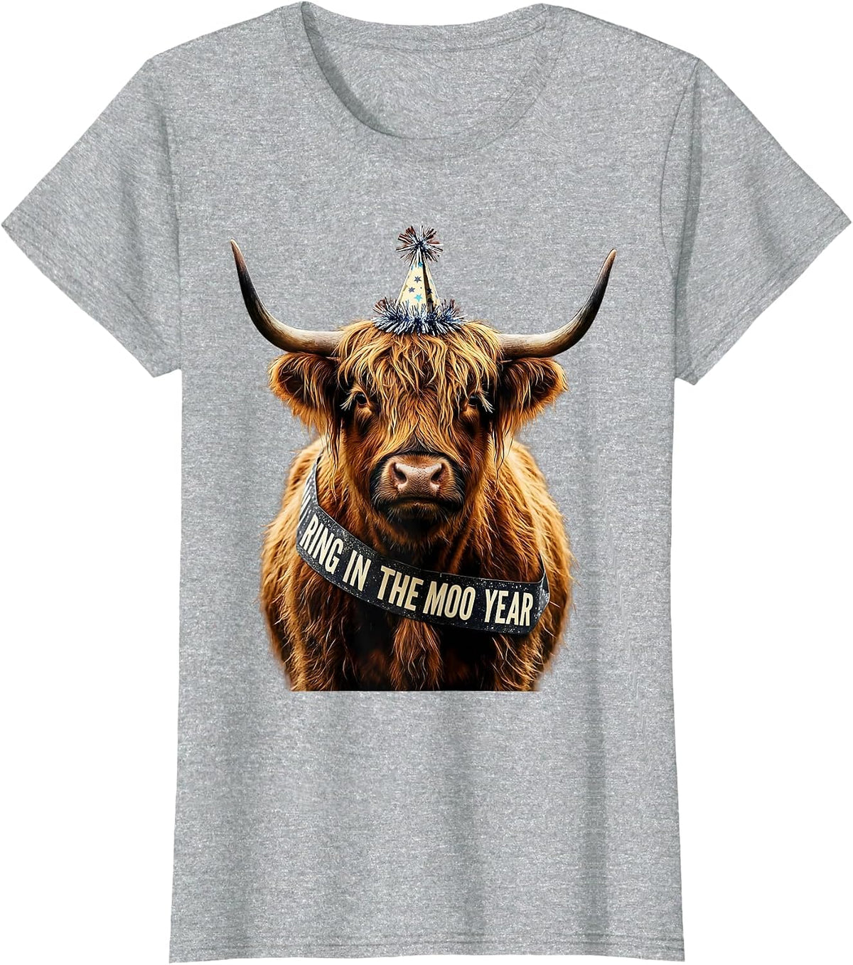 Ring In The Moo Year Funny Highland Cow Holiday Humor T-Shirt - Heather Grey