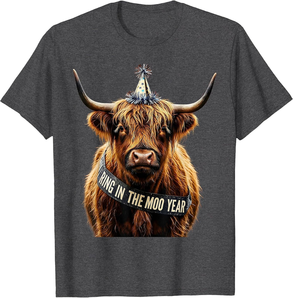 Ring In The Moo Year Funny Highland Cow Holiday Humor T-Shirt - Dark Heather Grey