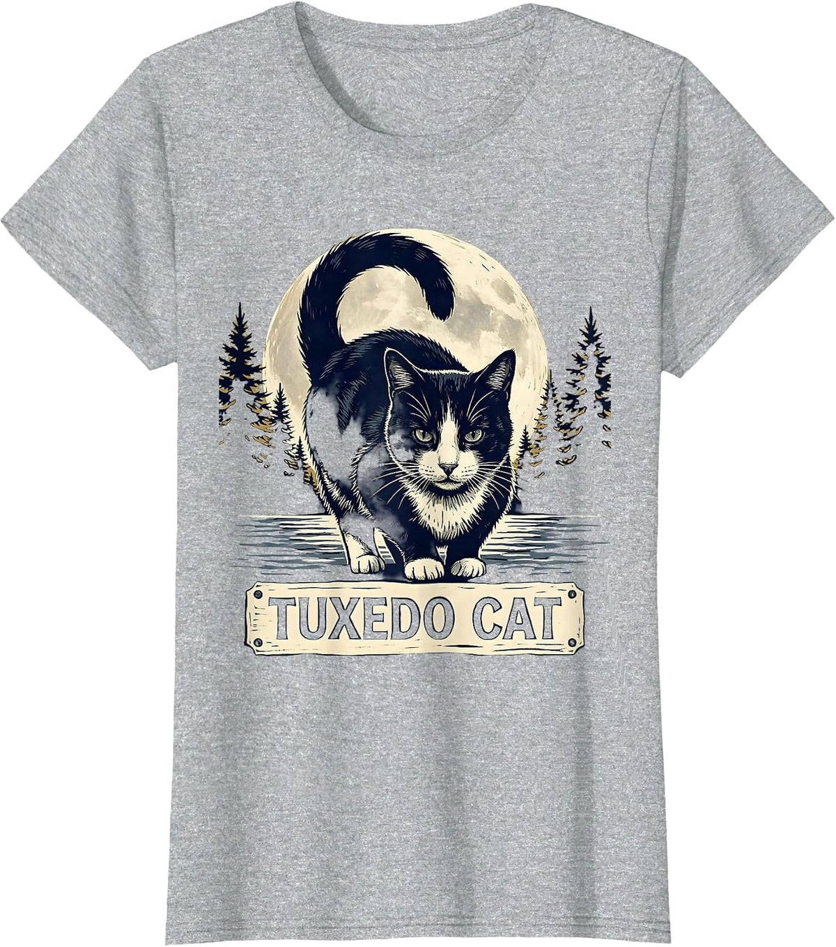 Women's Tuxedo Cat Linocut 90s Retro Moonlit Portrait T-Shirt - Heather Grey