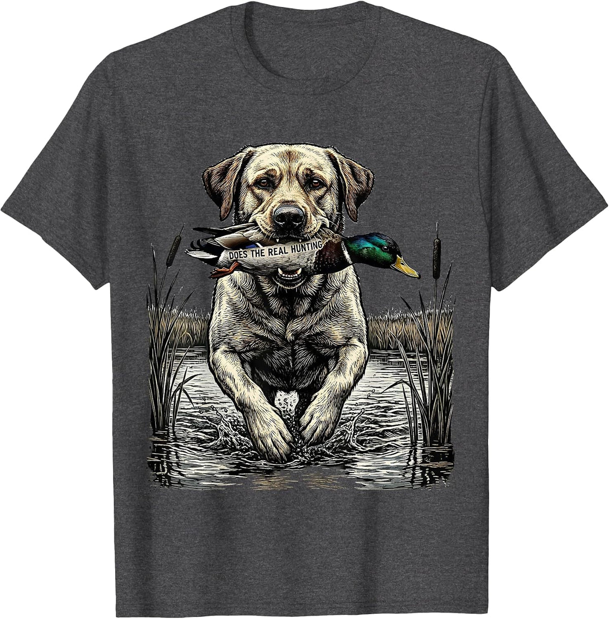 Does The Real Hunting Woodcut Labrador Retriever Duck T-Shirt - Dark Heather Grey