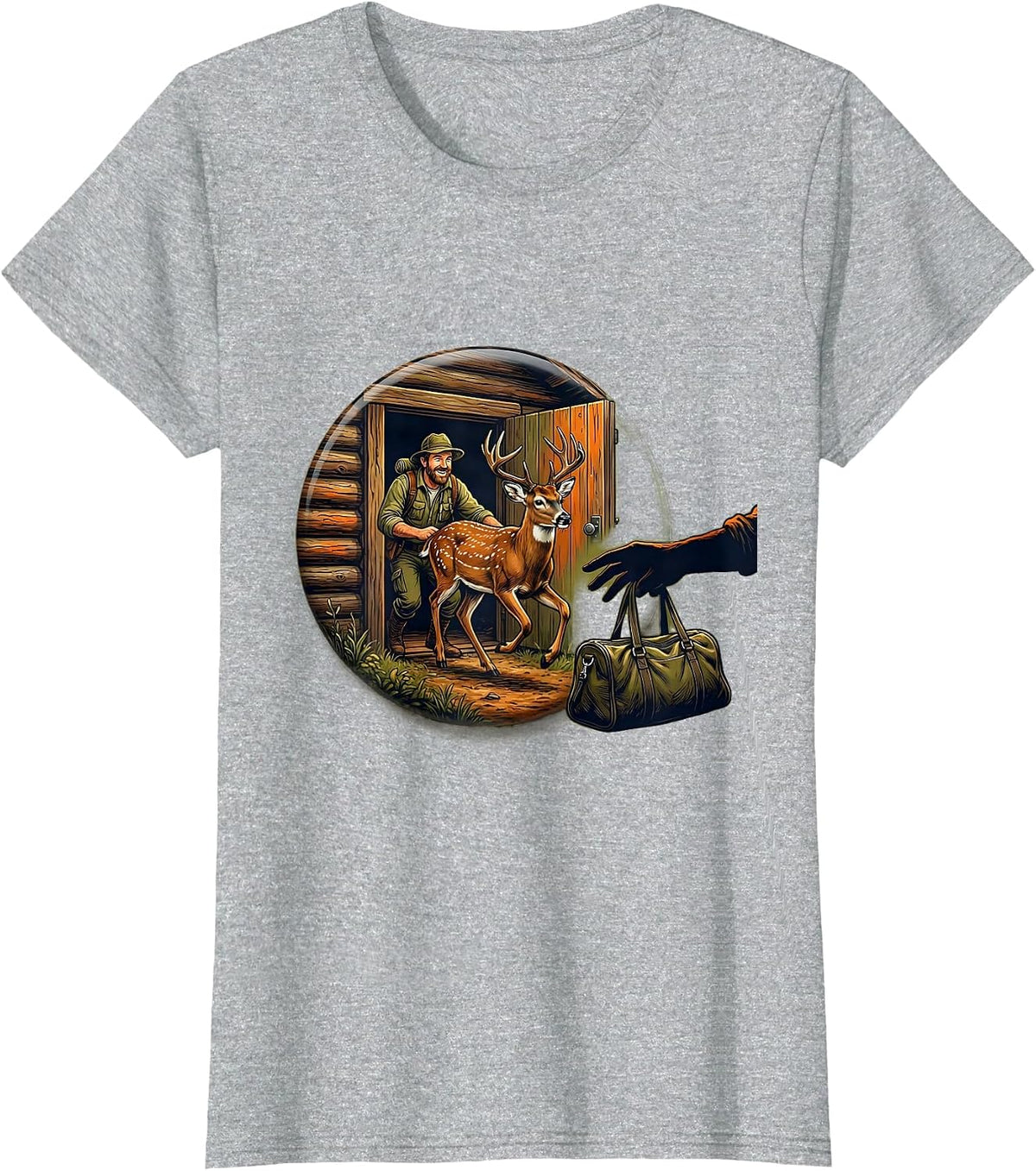Women's Sealed Hunter Dad Whitetail Buck Cabin Illustration T-Shirt - Heather Grey
