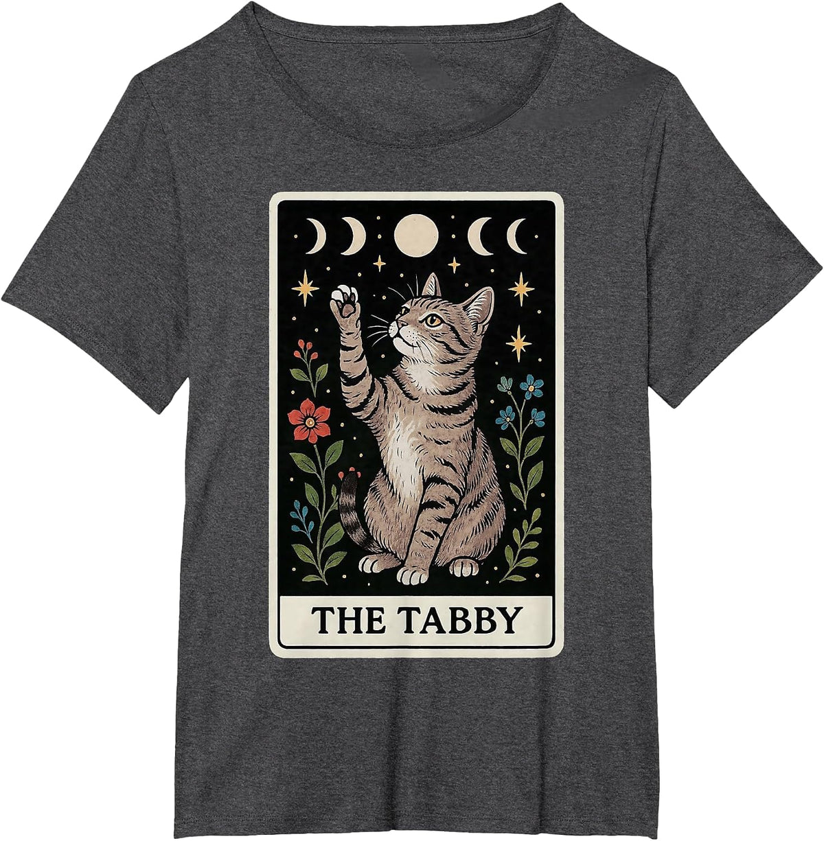 The Tabby Cat Gray Cat Tarot Card Witchy Moon T-Shirt - Dark Heather Grey