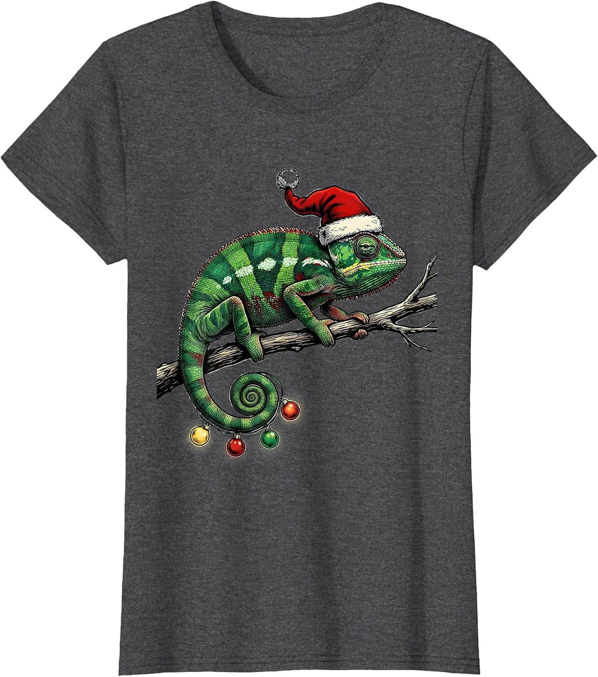 Women's Chameleon Santa Hat Animal Lover Christmas Humor T-Shirt - Dark Heather Grey