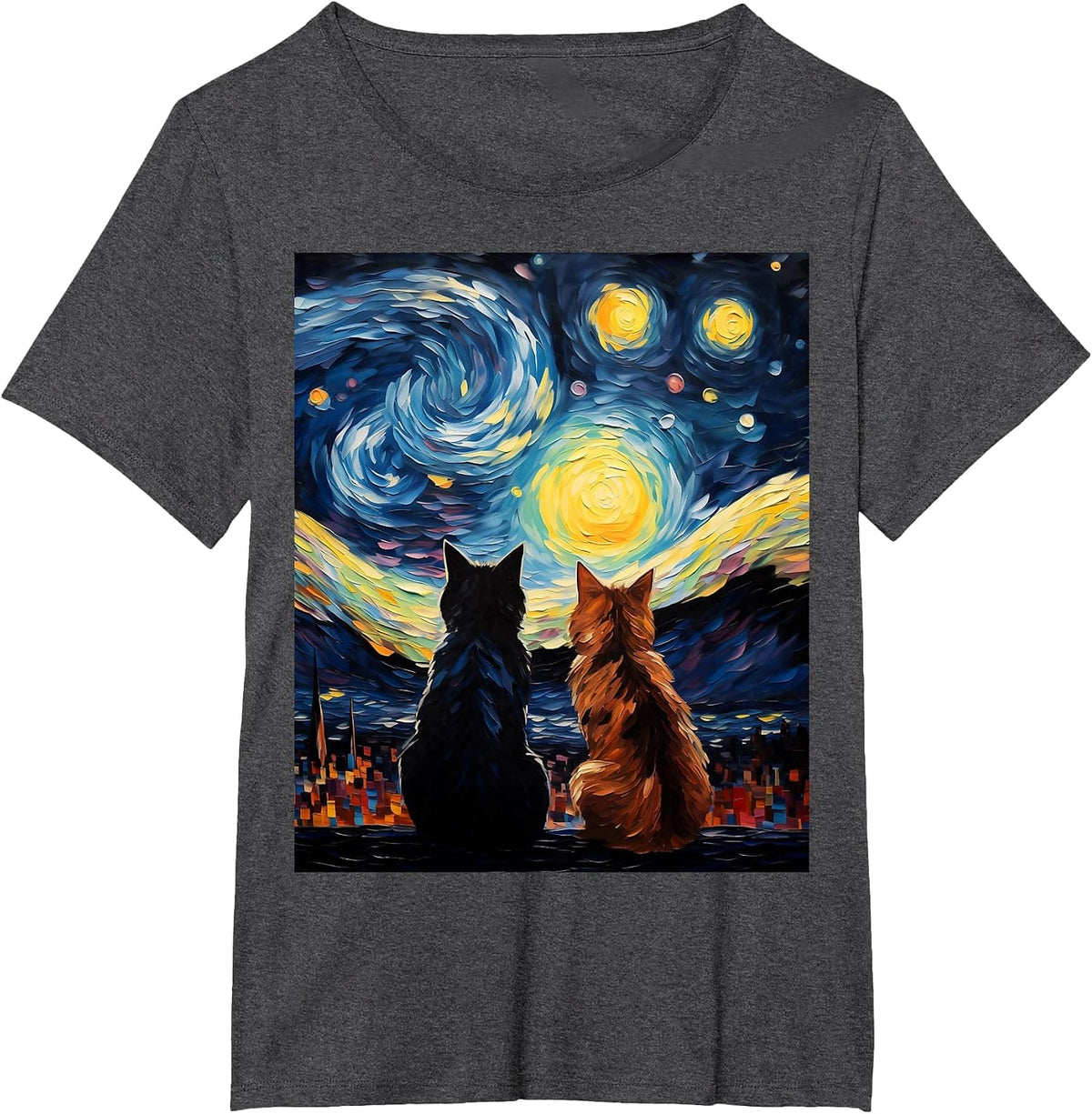 Funny Couples Cats Lover Starry Night Vincent Van Gogh Cat T-Shirt - Dark Heather Grey