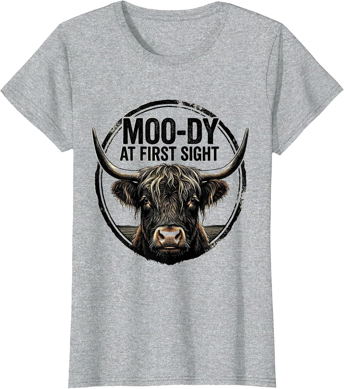 Moo-Dy At First Sight Funny Highland Cow Farm Animal Humor T-Shirt - Heather Grey