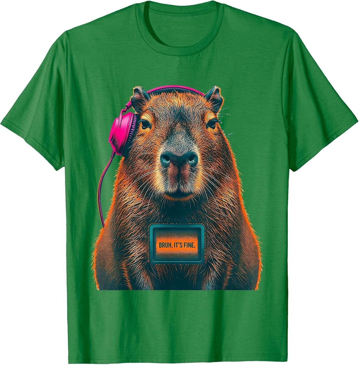 Men's Bruh It's Fine Risograph Capybara Gamer Meme Humor T-Shirt - Kelly Green