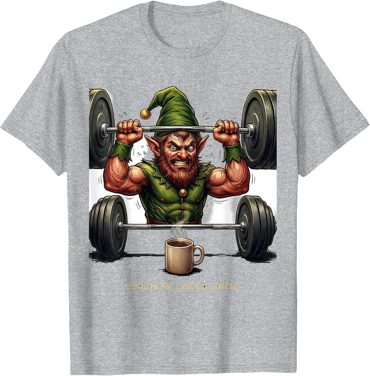 Men's Curl Now, Cocoa Later Funny Christmas Gym Workout T-Shirt - Heather Grey