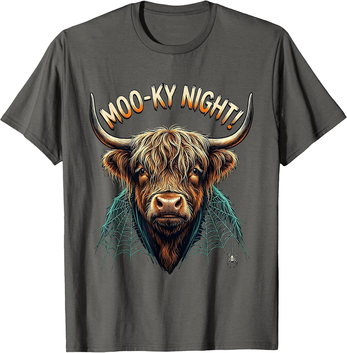 Moo-ky Night! Whimsical Highland Cow Halloween Humor T-Shirt - Asphalt Grey