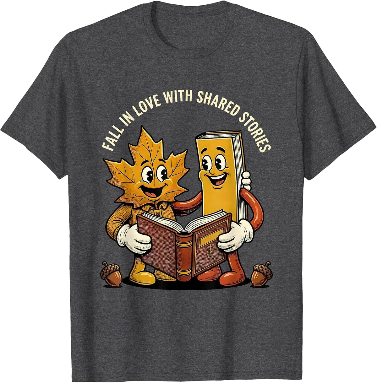 Men's Fall In Love With Shared Stories Retro Cartoon Teacher Book T-Shirt - Dark Heather Grey