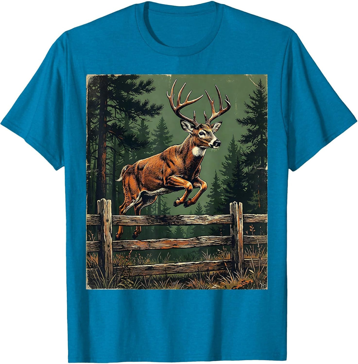 Whitetail Deer Leaping Over Forest Fence T-Shirt - Sapphire Blue