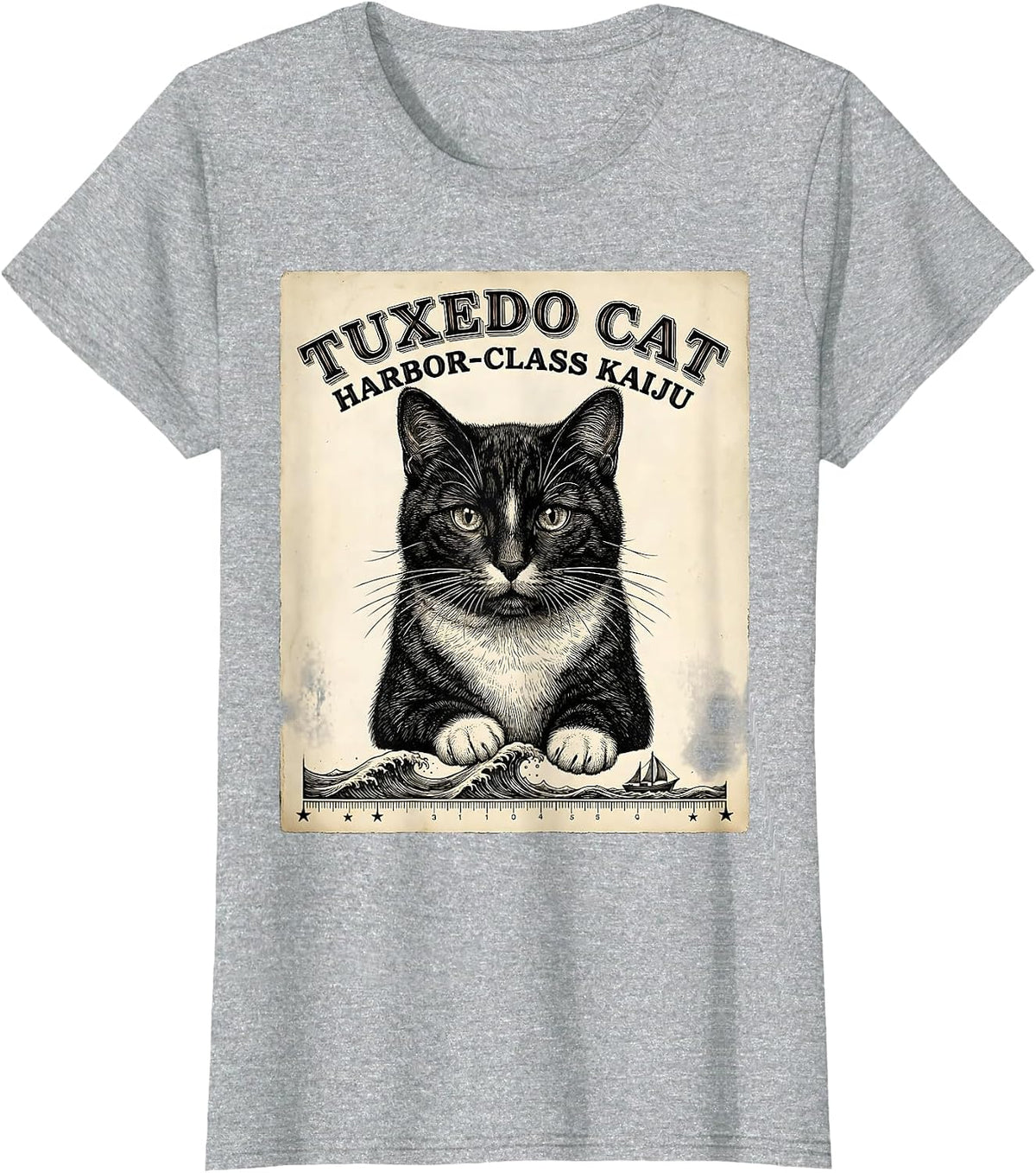 Tuxedo Cat Harbor-Class Kaiju Funny Japanese Monster Parody T-Shirt - Heather Grey