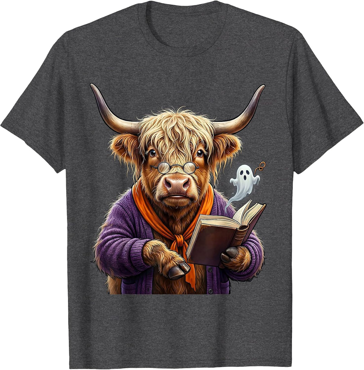 Men's Shaggy Highland Cow Haunted Librarian Halloween Humor T-Shirt - Dark Heather Grey