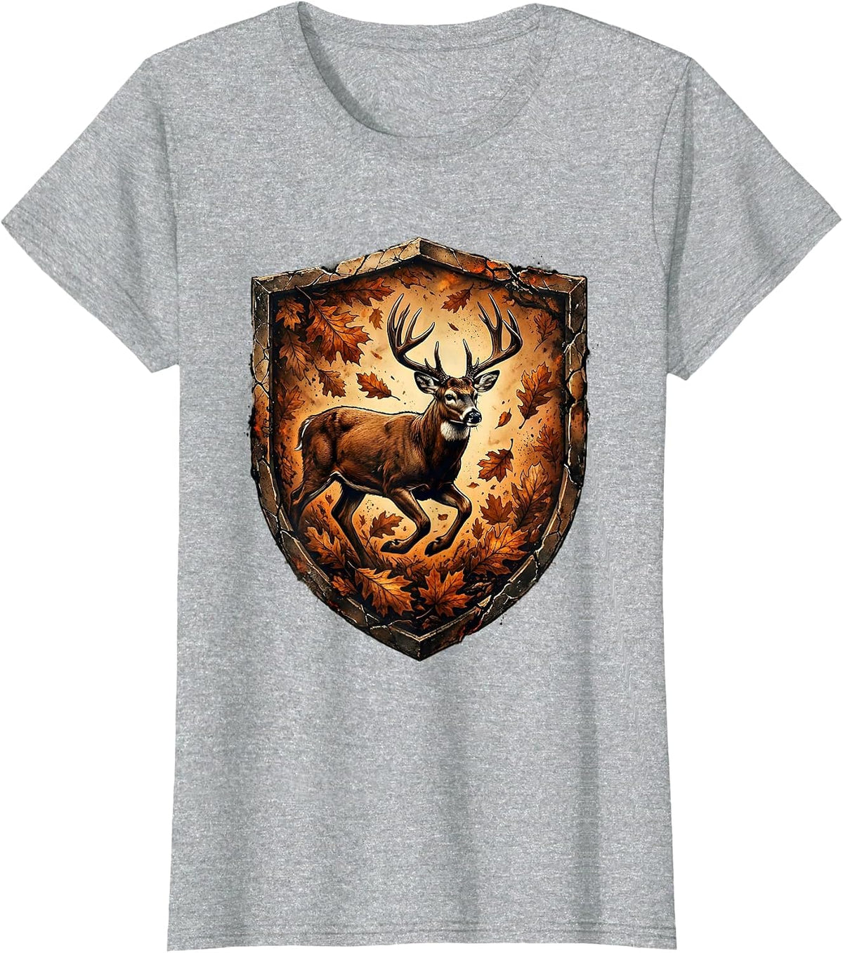 Whitetail Buck Running Through Autumn Leaves Camo T-Shirt - Heather Grey