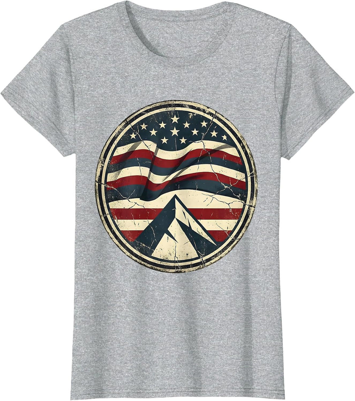 Weathered American Flag Over Mountain Peak T-Shirt - Heather Grey