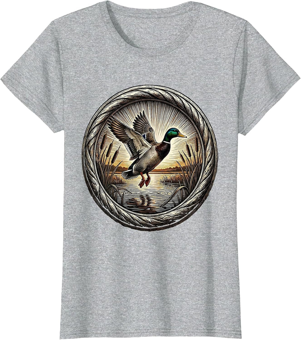 Women's Duck Flying Over Marsh at Sunset Hunting Design T-Shirt - Heather Grey