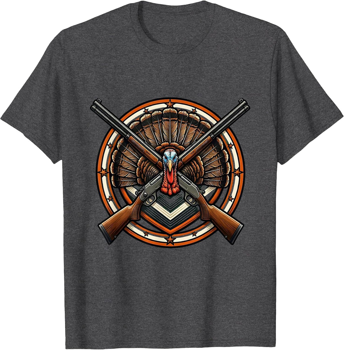 Thanksgiving Hunting Rifle and Turkey Feathers Design T-Shirt - Dark Heather Grey