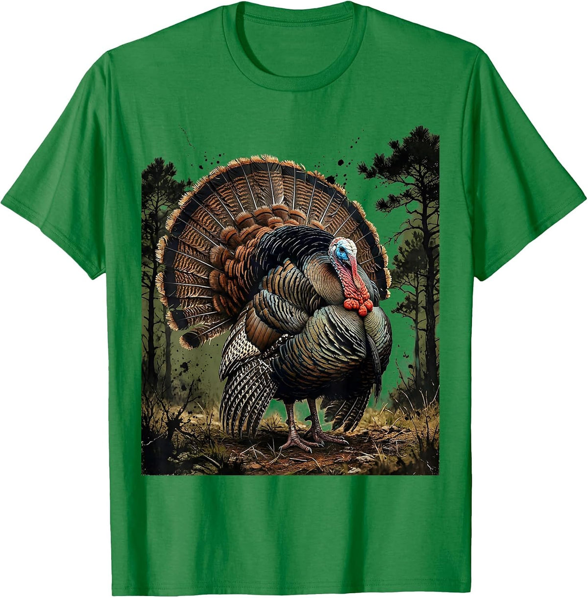Men's Turkey Feathers Fanned in Forest Clearing Art T-Shirt - Kelly Green