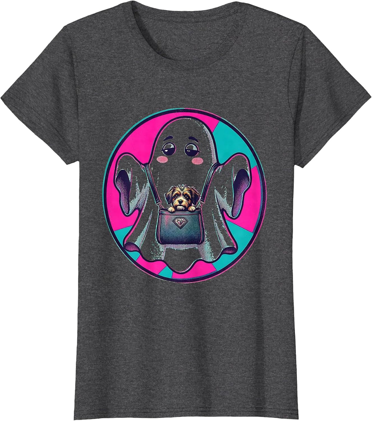 Women's Boo-Jee Ghost Floating With Designer Dog Carrier T-Shirt - Dark Heather Grey