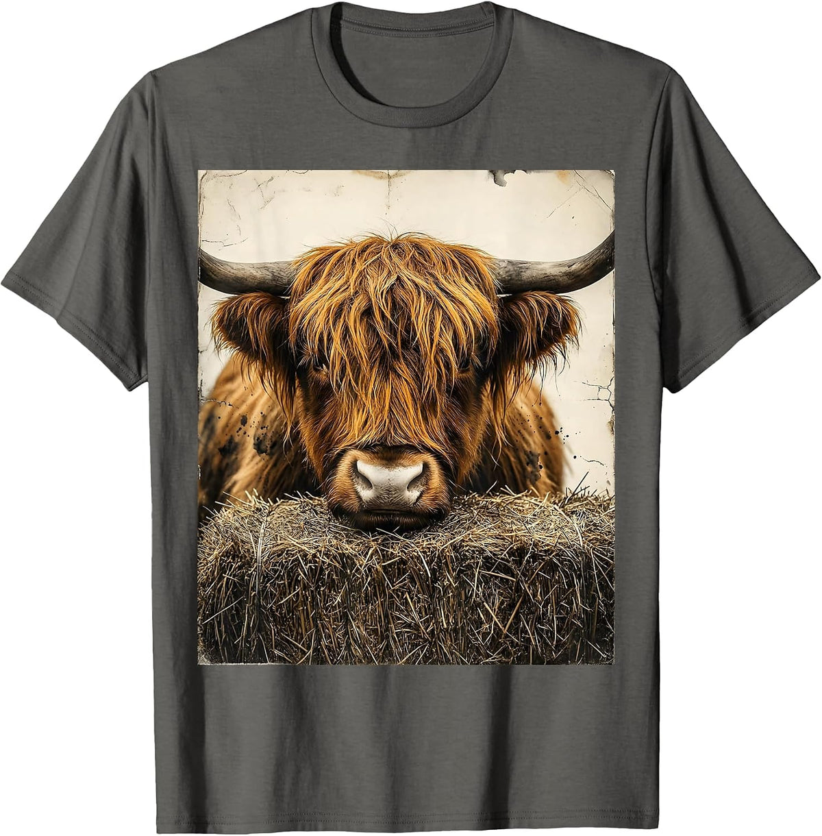 Shaggy Highland Cow Distressed Farm Animal Humor T-Shirt - Asphalt Grey