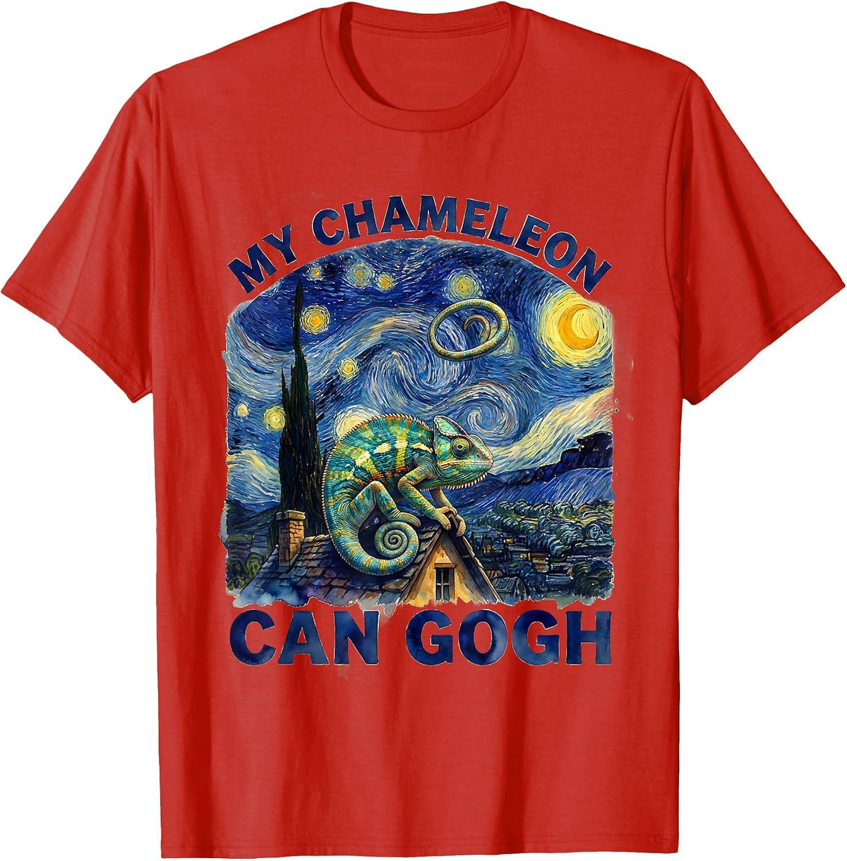 Men's My Chameleon Can Gogh Whimsical Art Parody Cat Lover Gift T-Shirt - Red