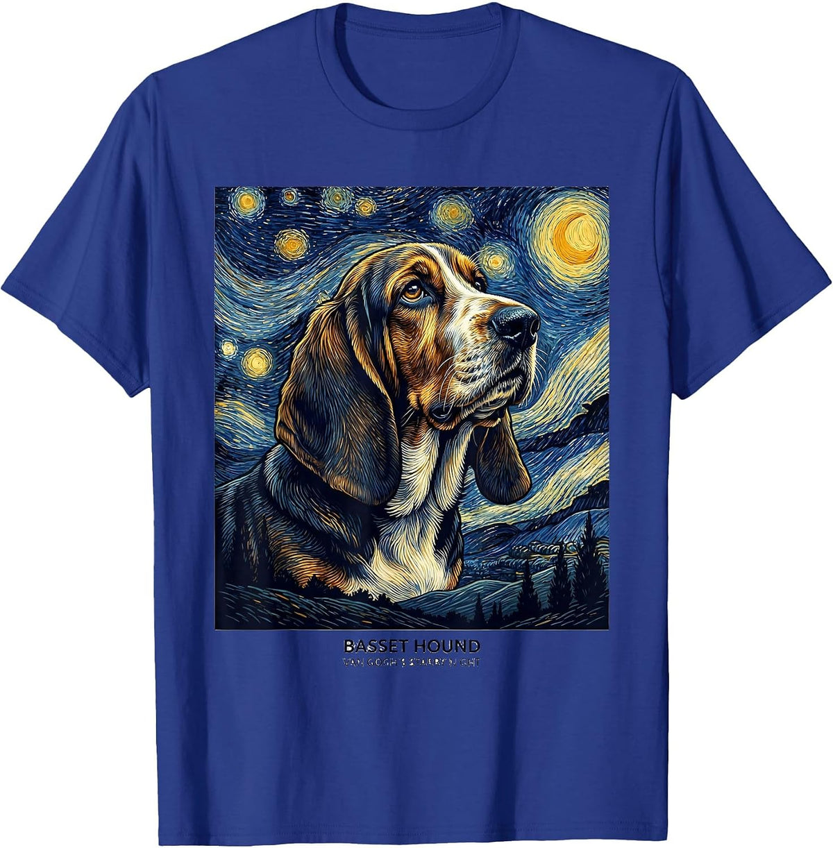 Men's Basset Hound Van Gogh's Starry Night Art Portrait Dog Lover T-Shirt - Royal Blue