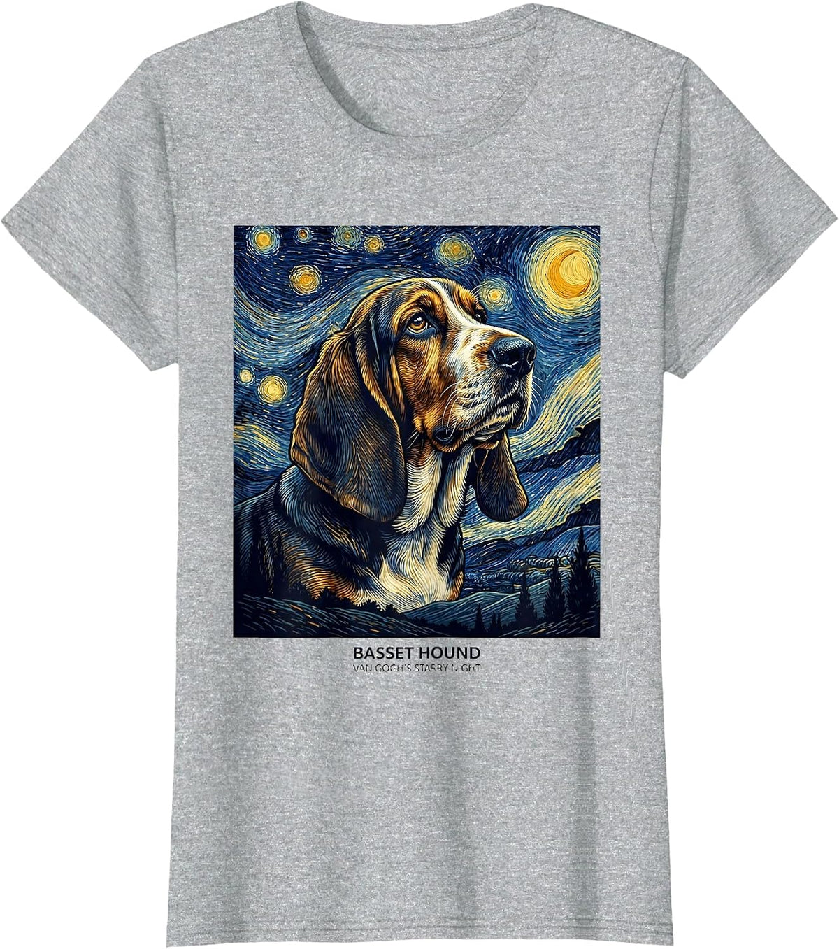 Women's Basset Hound Van Gogh's Starry Night Art Portrait Dog Lover T-Shirt - Heather Grey