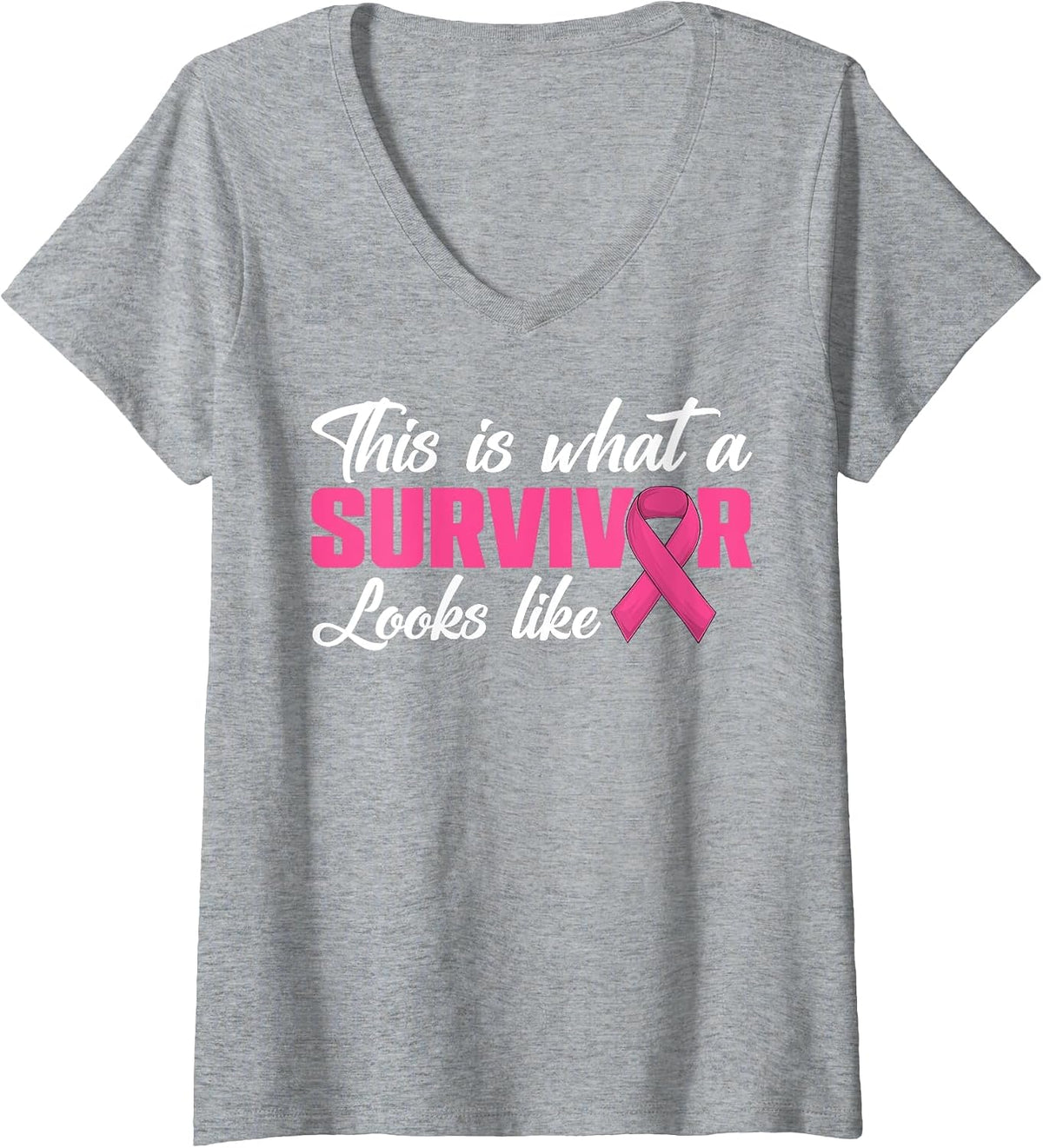 Women's This is What A Survivor Looks Like Breast Cancer Pink Ribbon V-Neck T-Shirt - Heather Grey
