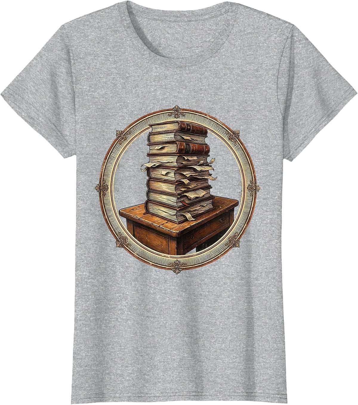 Reading Teacher Overflowing Books Desk Graphic T-Shirt - Heather Grey