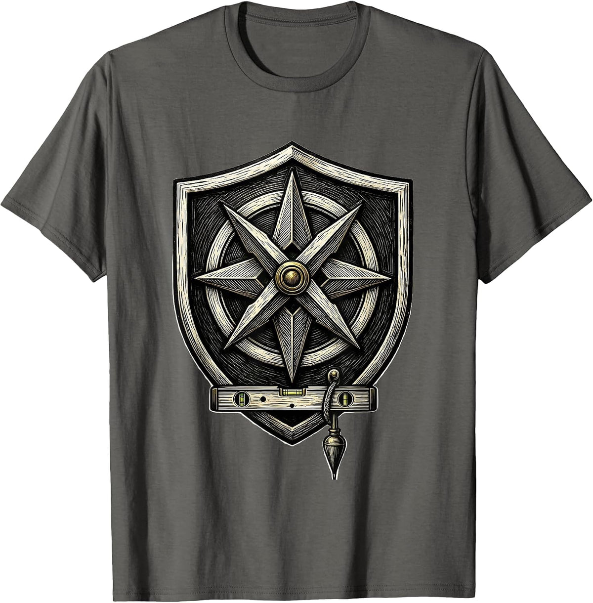 Men's Shield Engraved Freemason Square And Compass Brotherhood T-Shirt - Asphalt Grey