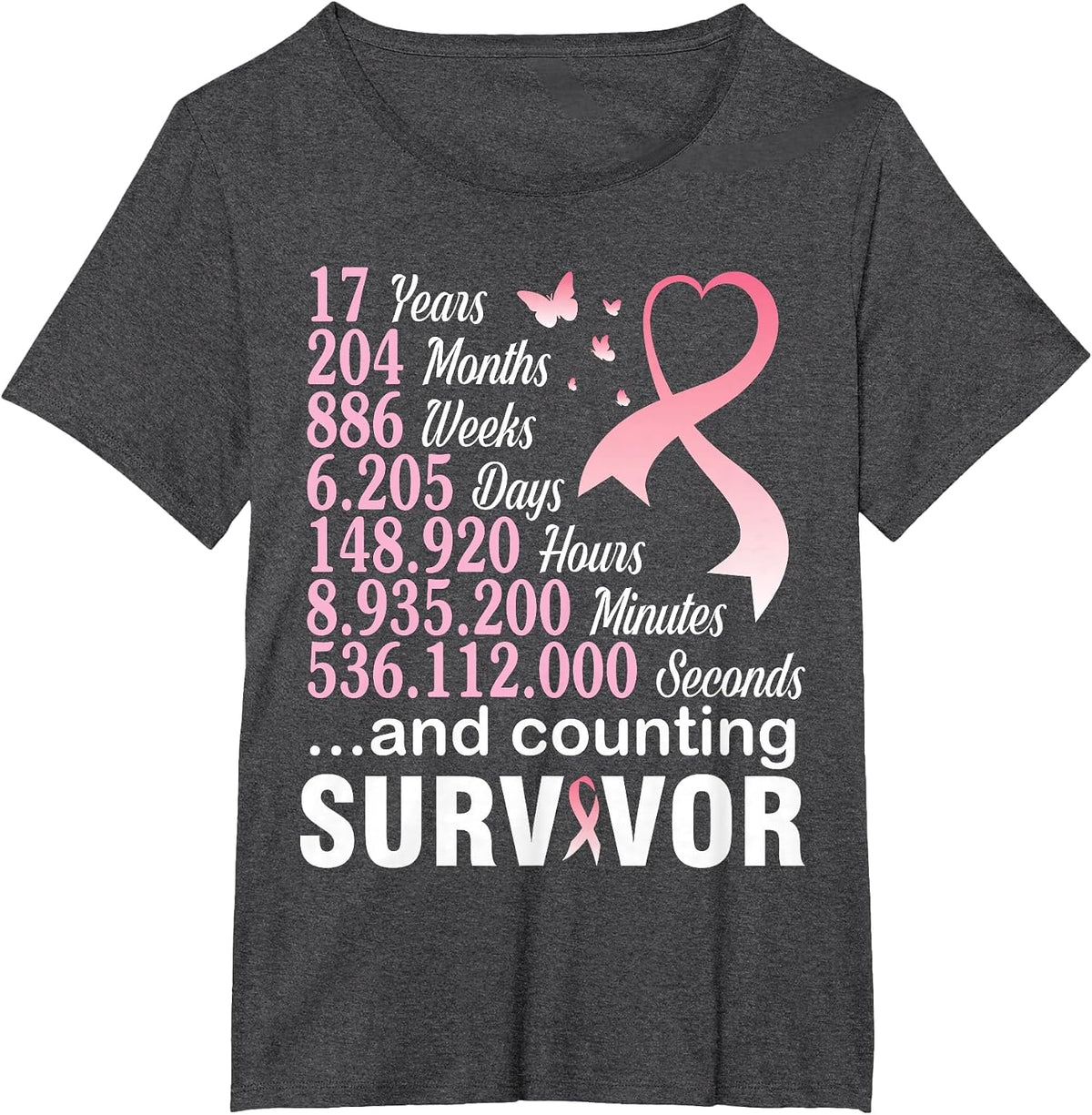 17 Years 204 Months & Counting Survivor Fight Breast Cancer T-Shirt - Dark Heather Grey