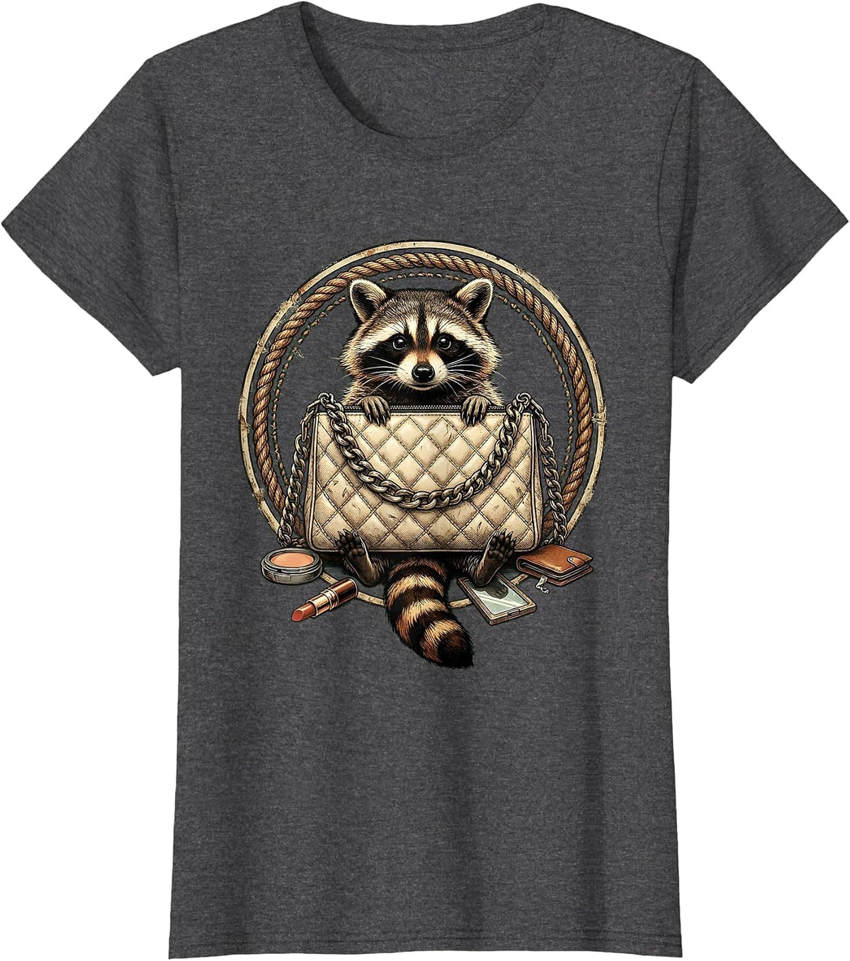 Women's Raccoon Digging Through Designer Purse Funny T-Shirt - Dark Heather Grey
