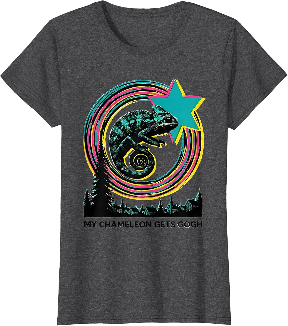 Women's My Chameleon Gets Gogh Risograph Funny Animal Lover Van Gogh T-Shirt - Dark Heather Grey
