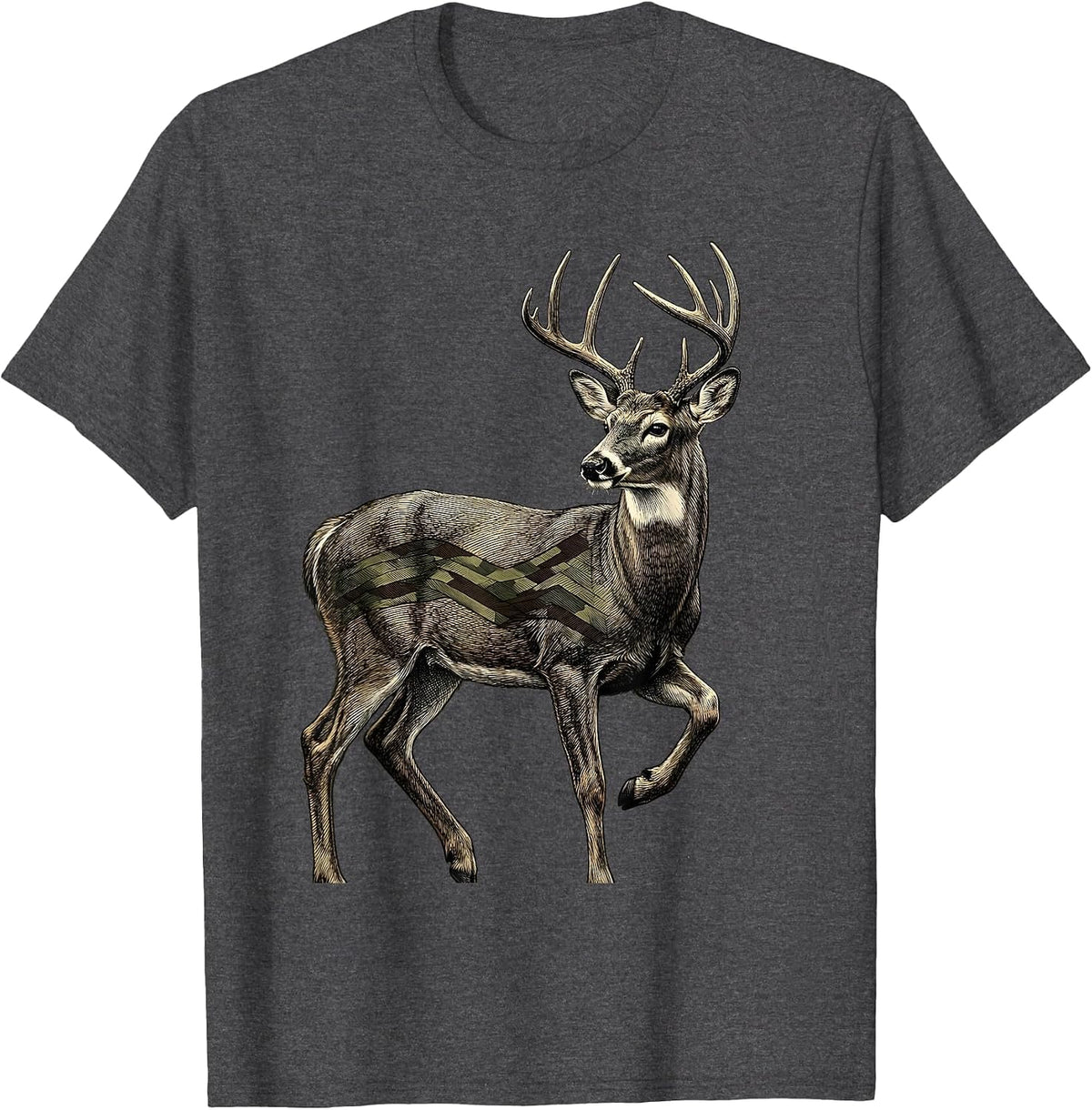 Alert Whitetail Buck Crosshatch Etching Hunting Pride T-Shirt - Dark Heather Grey