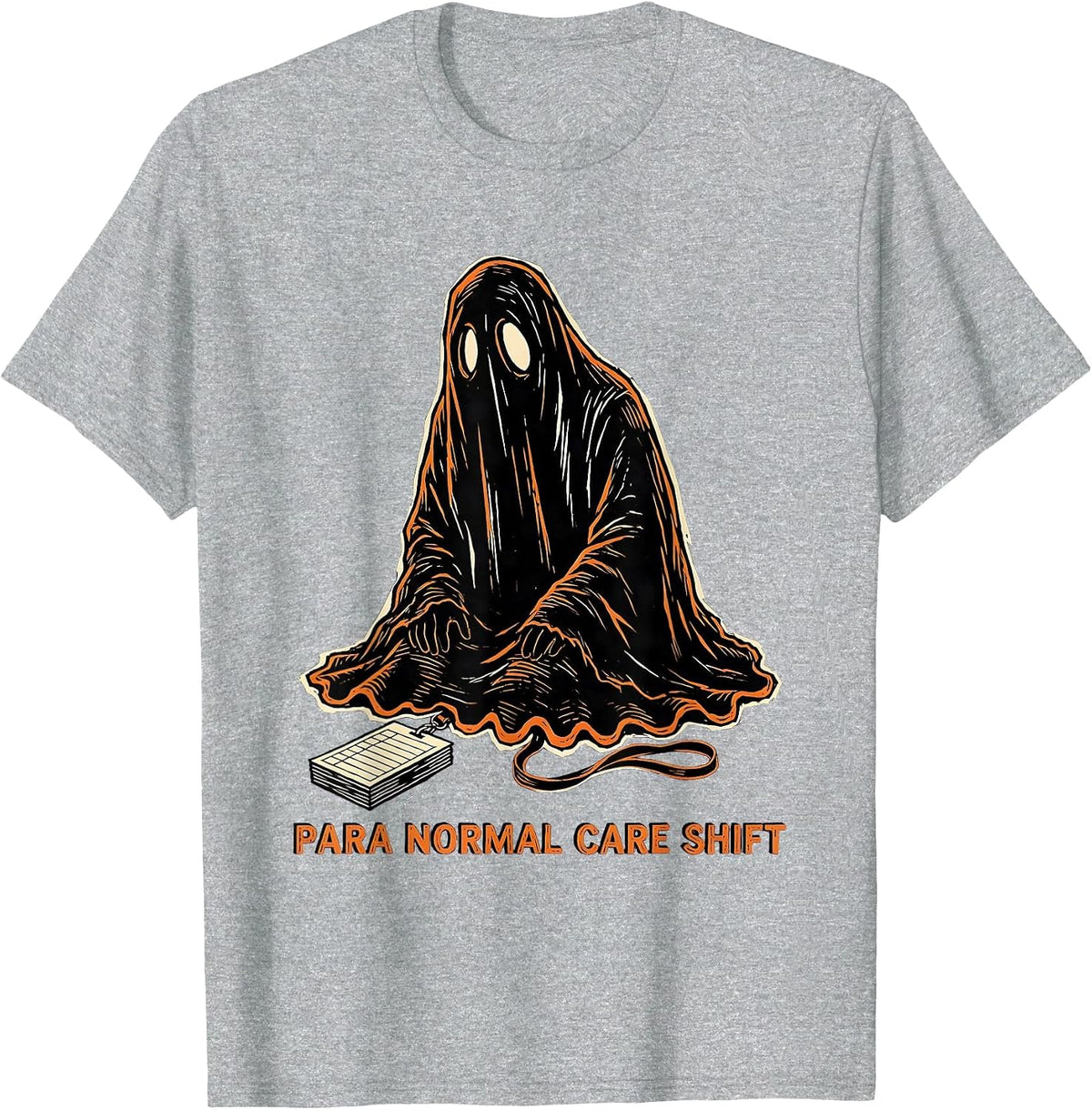 Men's Para Normal Care Shift Linocut Ghost Paraeducator Halloween T-Shirt - Heather Grey