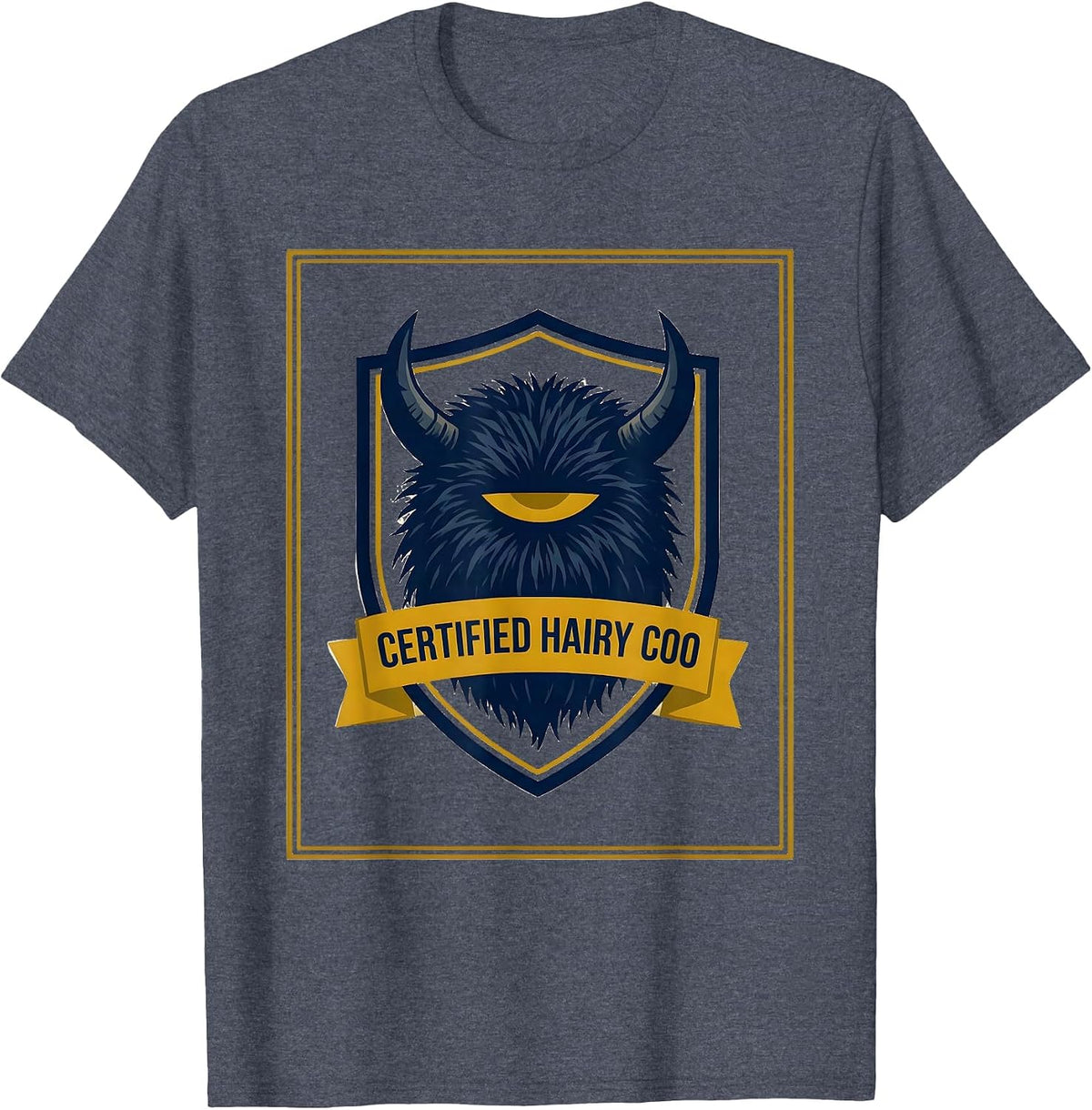 Certified Hairy Coo Funny Highland Cow Emblem Scottish Cow T-Shirt - Heather Blue