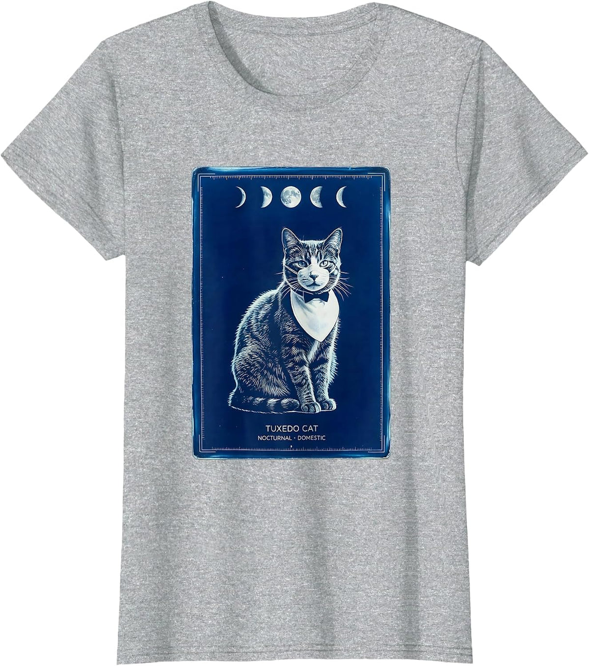 Tuxedo Cat Nocturnal Domestic 90s Retro Moonlit Portrait T-Shirt - Heather Grey