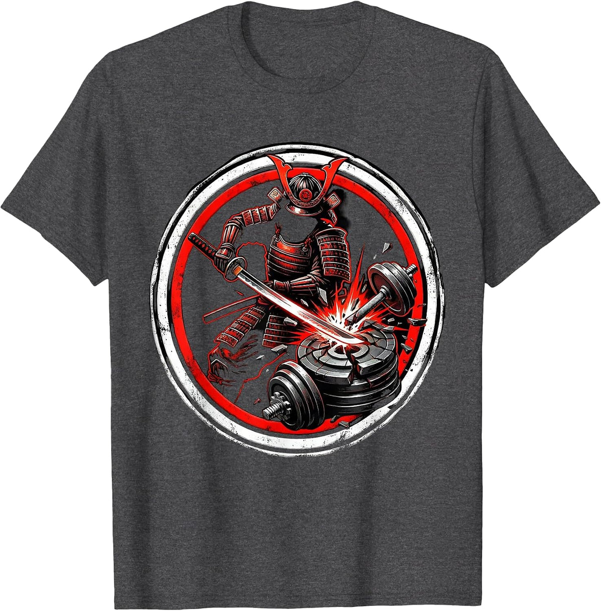 Samurai Warrior Gym Dumbbell Slice Graphic T-Shirt - Dark Heather Grey