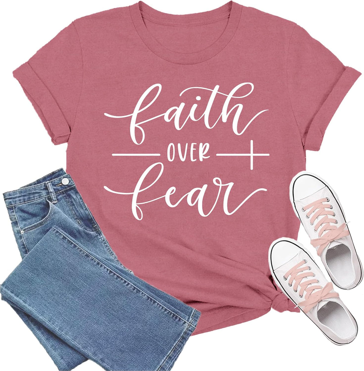 Christian Shirts for Women Religious Shirt Faith Over Fear Tee Tops - Pink