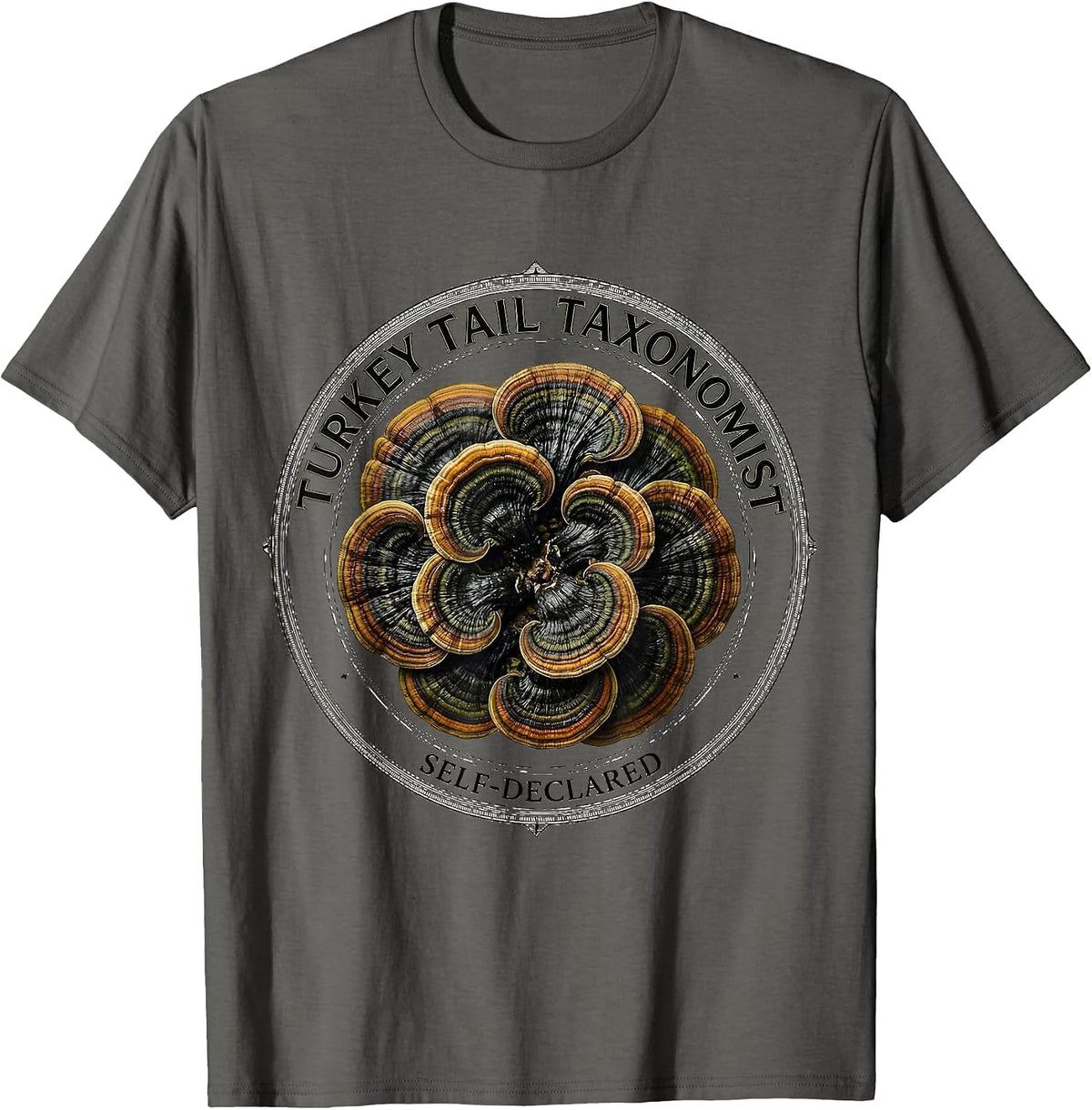 Men's Turkey Tail Taxonomist, Self-Declared Funny Mushroom Forager T-Shirt - Asphalt Grey
