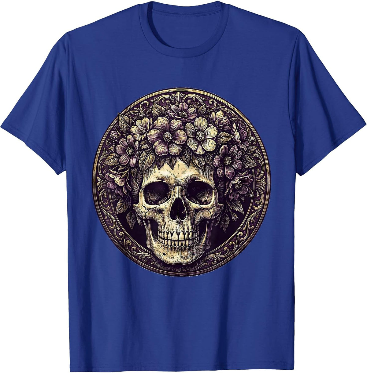 Men's Mardi Gras Skull Floral Crown Purple Gold T-Shirt - Royal Blue