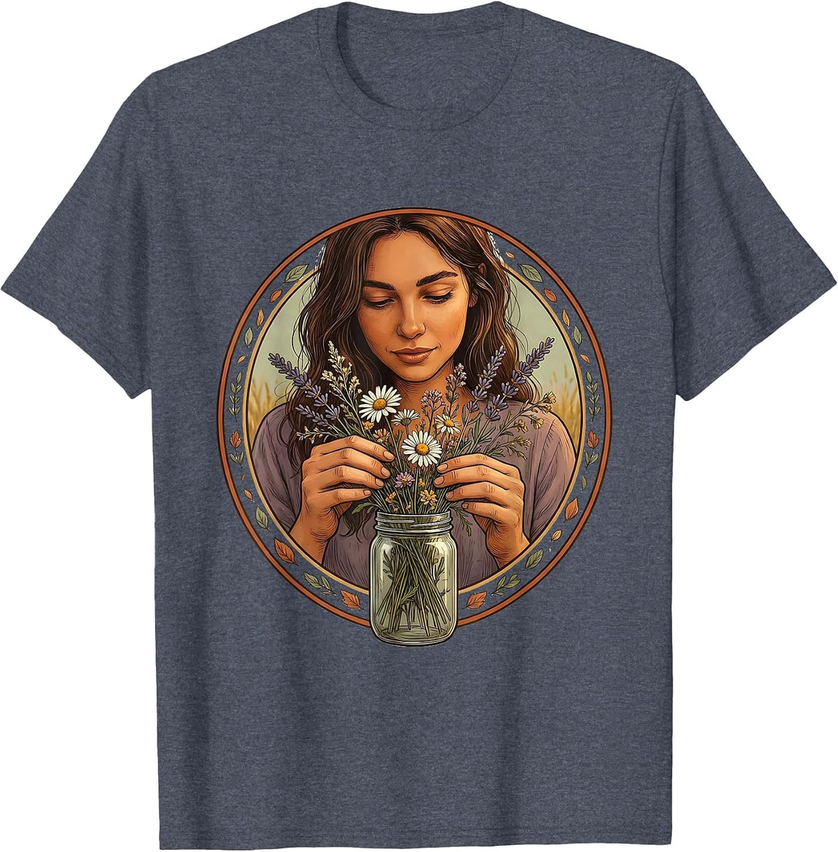 Wildflower Mason Jar Auntie Floral Illustration T-Shirt - Heather Blue
